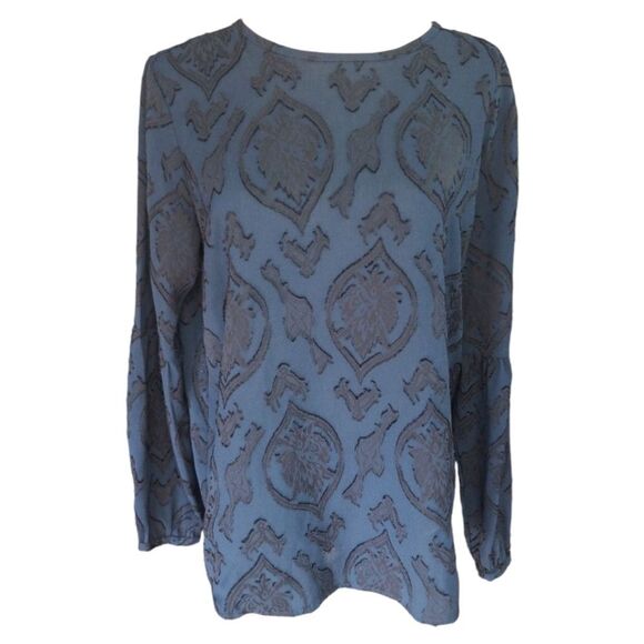 Loft Blouse Blue With Black Velvet Textured Burnout Pattern Top Size Medium - Picture 1 of 8